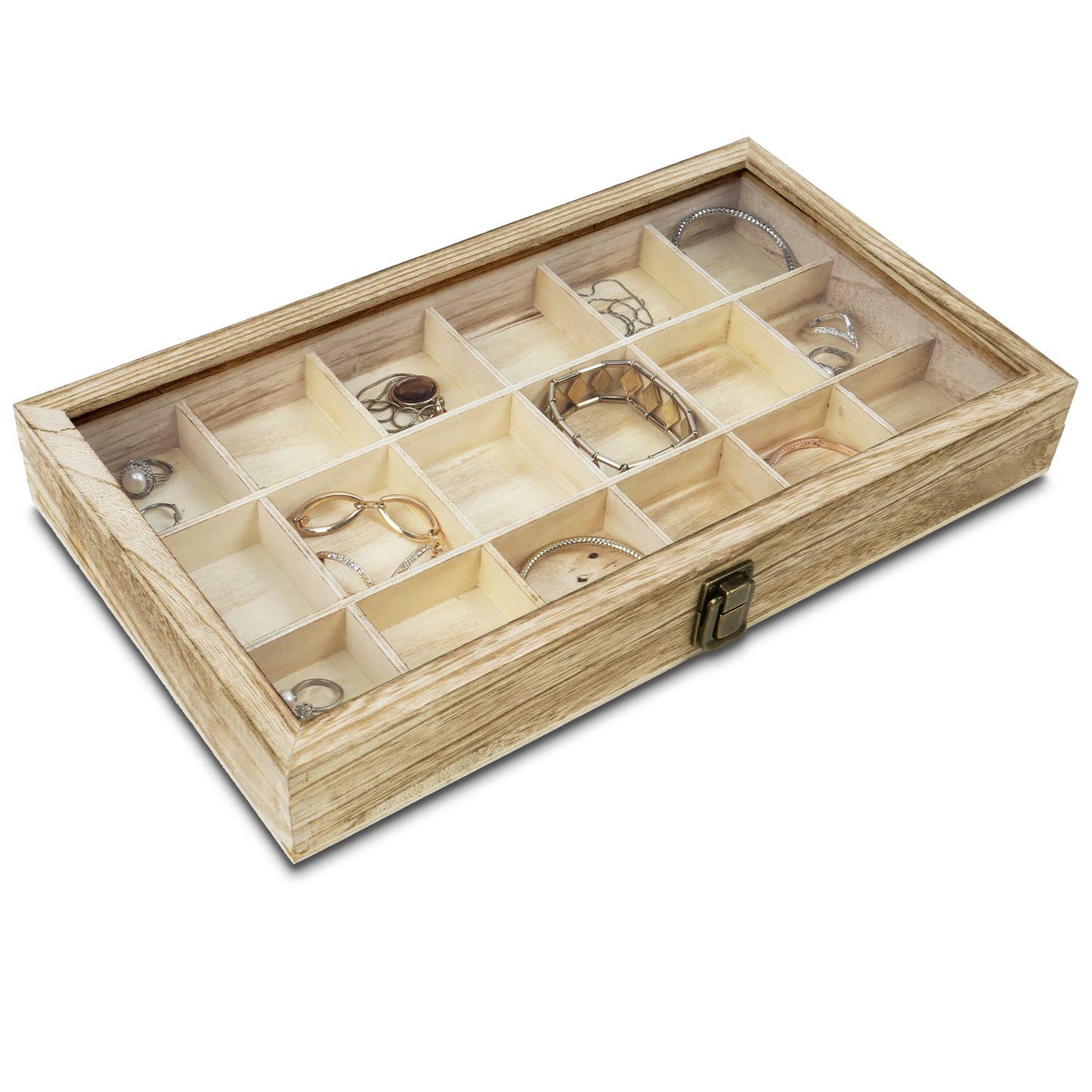 Mooca Wooden Display Storage Case with Tempered Glass Lid for Jewelry and Beads with 18 Compartments Tray, Oak Color, 15" W x 8 3/4" D x 2" H