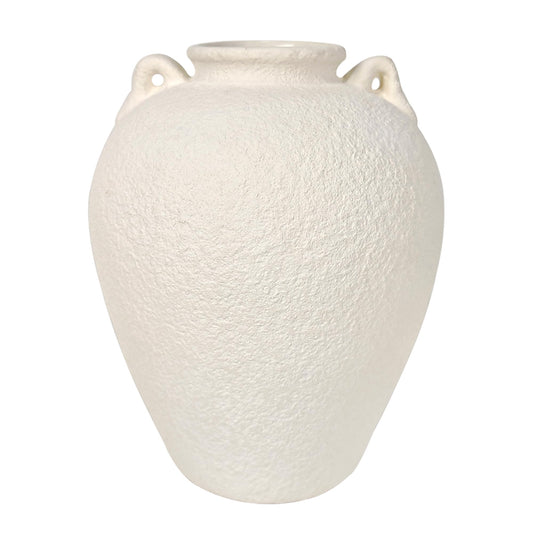 LKKMINIEN 8.7" White Ceramic Vase with Handles, Textured Stone Decor