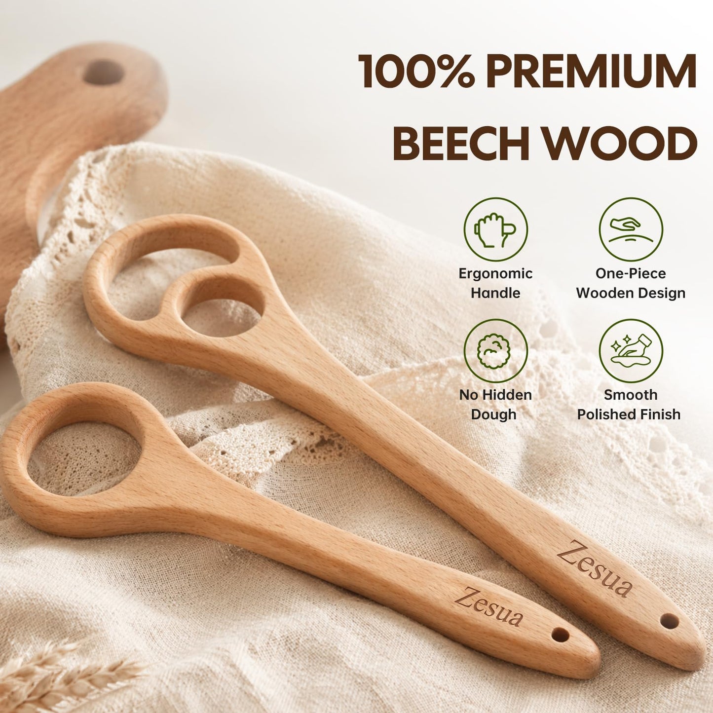 Set of 2 Wooden Dough Whisk, 13'' and 9.8'' One-Piece Solid Beech Wood Danish Dough Whisk for Sourdough, Bread, Pizza Pastry Mixing, Easy Clean Wooden Dough Mixer for Baking