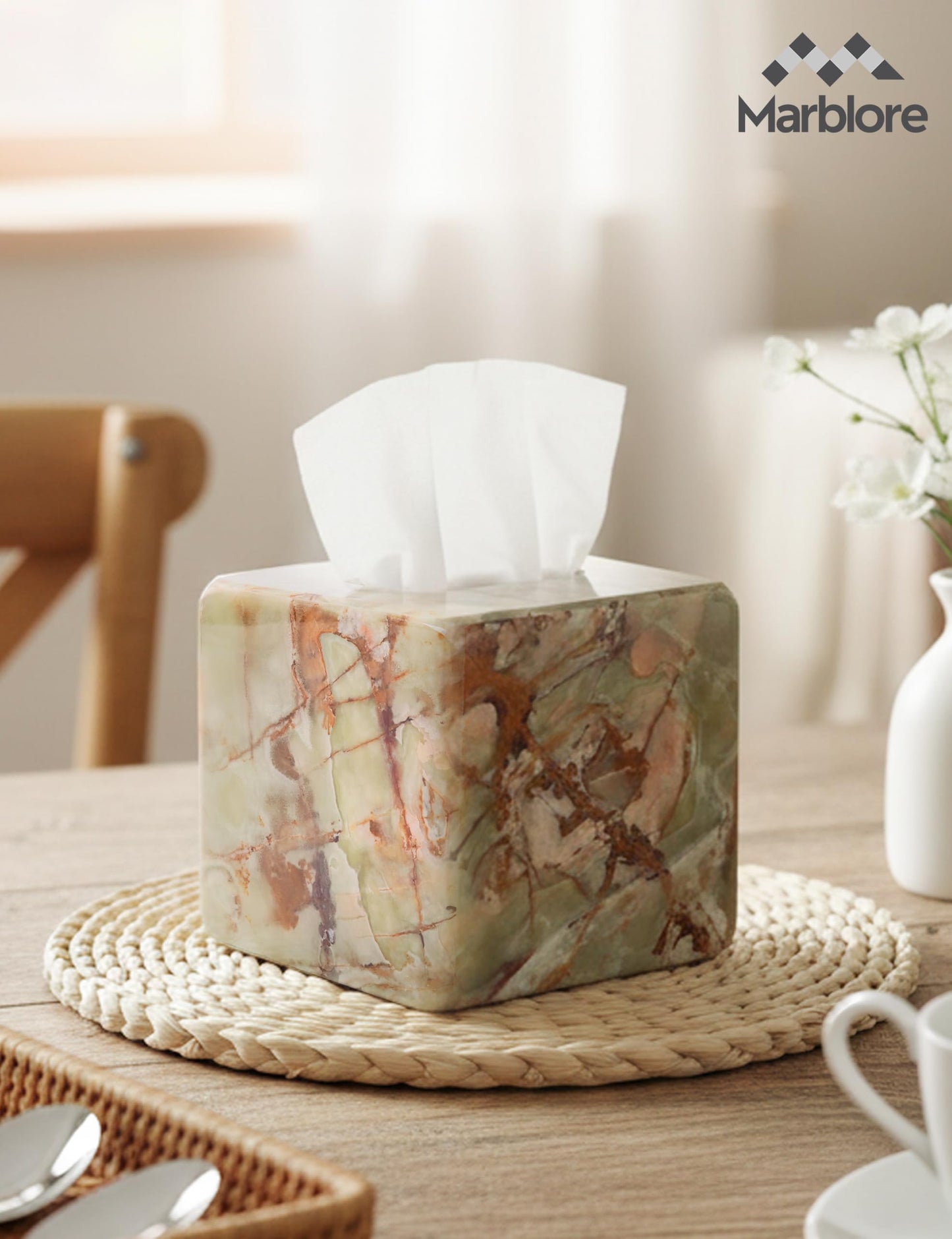 Marble Tissue Box Holder 5.5" Inch Green Tissue Box Cover Perfect for Room Decor, Bathroom Organizer, and Vanity Organizer, Home Office Table Top Decorative Box