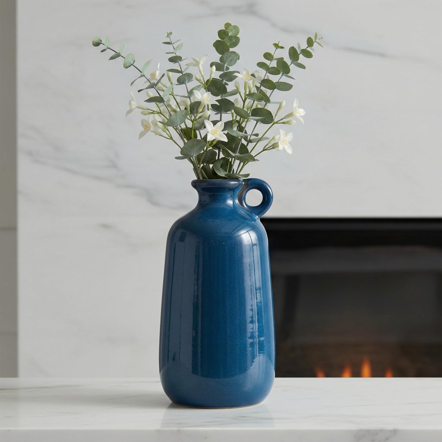 Sunddo Blue Ceramic Flower Vase 10 Inch - Tall Modern Decorative Vase with 1 Handle, Cobalt Blue Decor for Entryway & Mantel, Living Room, Table Decor