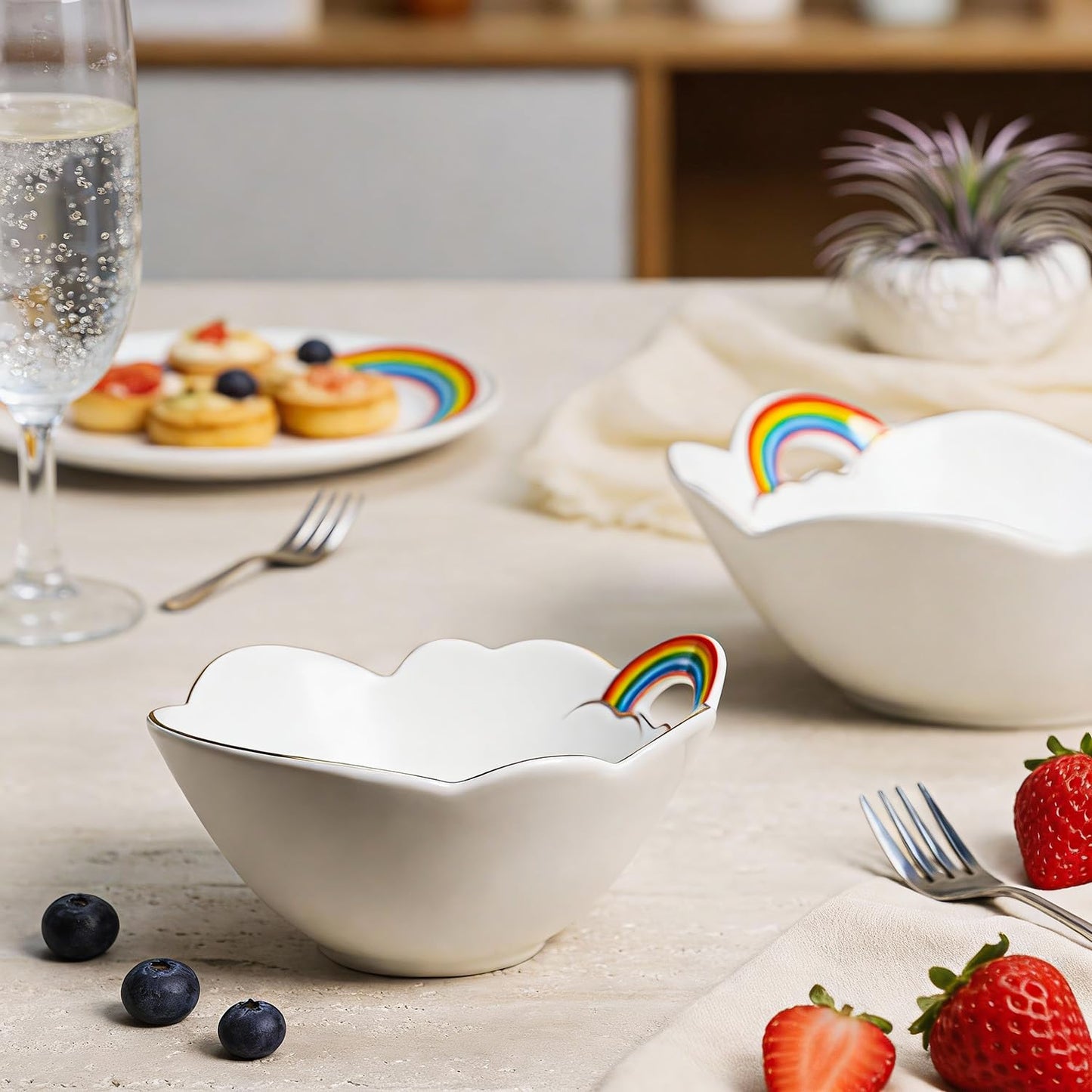 WAIT FLY Rainbow and Cloud Ceramic Salad Bowl, Dessert Bowls, Serving Bowls for Cereal Soup Snacks Appetizer-White-5.5 Inch