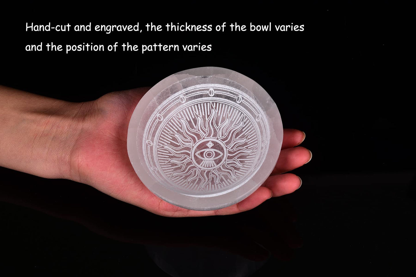 AMOYSTONE Selenite Crystal Bowl 4" Round Jewelry Crystal Charging Station Dish Etched Pattern Demon Eye #2