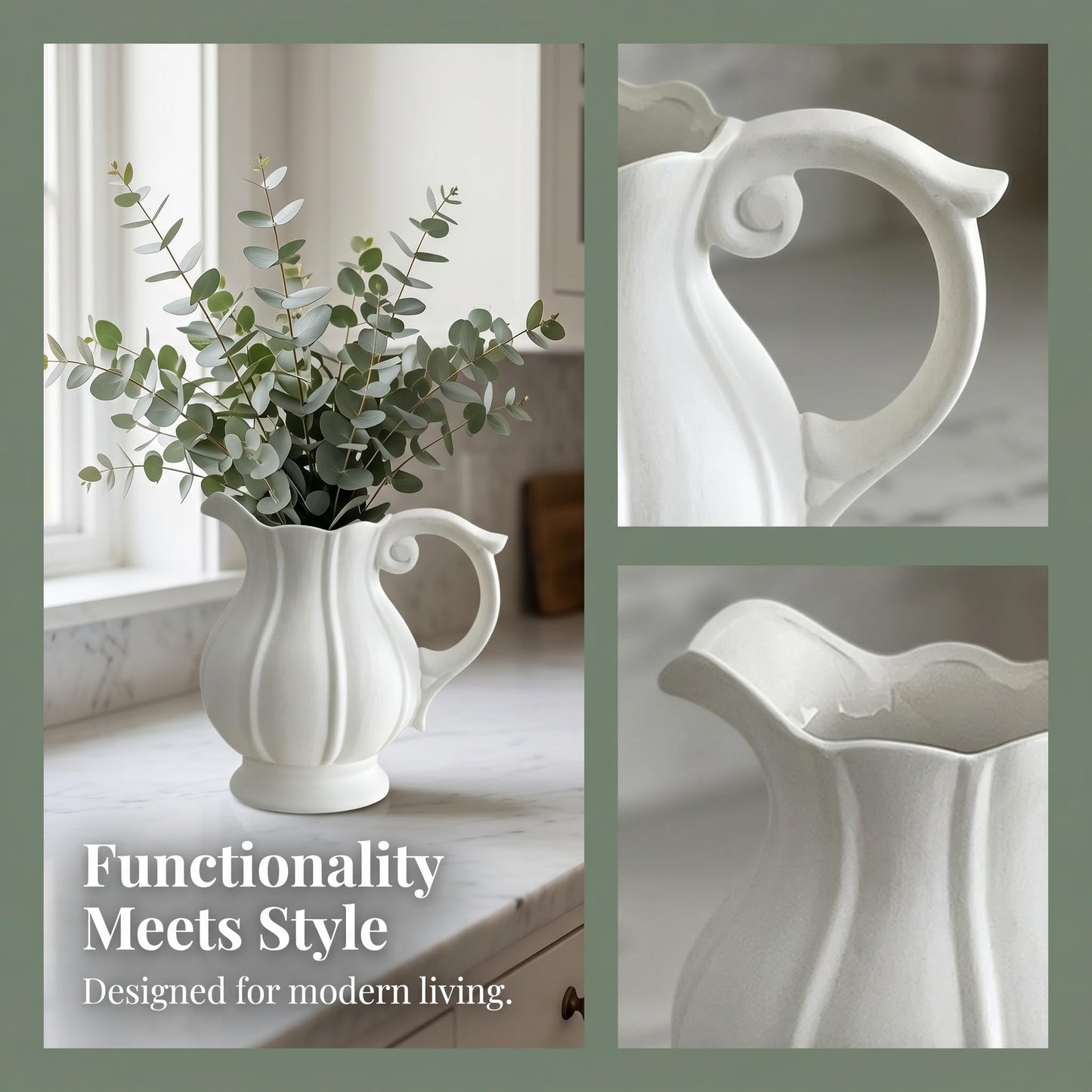 White Ceramic Pitcher vase with Handle – a Small Farmhouse Table Centerpiece for Fresh Flowers on Coffee Table, Desk, or Dining Room,About 7 and a Half inches Tall and Wide