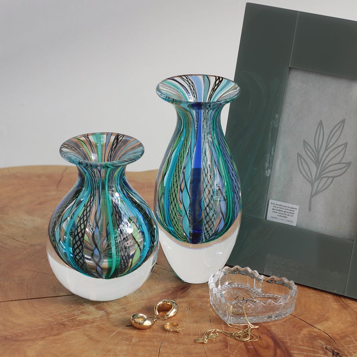 Ca D Oro Pair of Small Glass Vases Boho with Blue/Green Canes Hand Blown Murano-Style Art Glass - Models Nº 2/3
