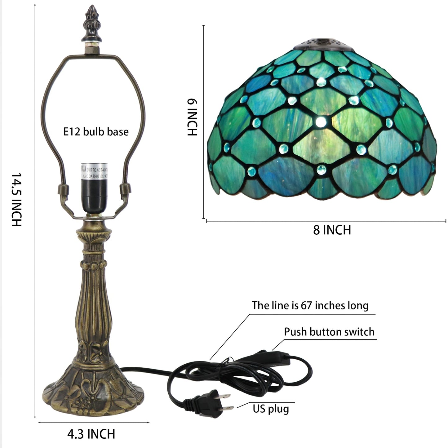 LXHCYOU Small Tiffany Lamp Mini Accent Table Lamp Stained Glass Desk Memory Lamp Sympathy 8X14.5 Inch (Sea Blue Pearl Style)