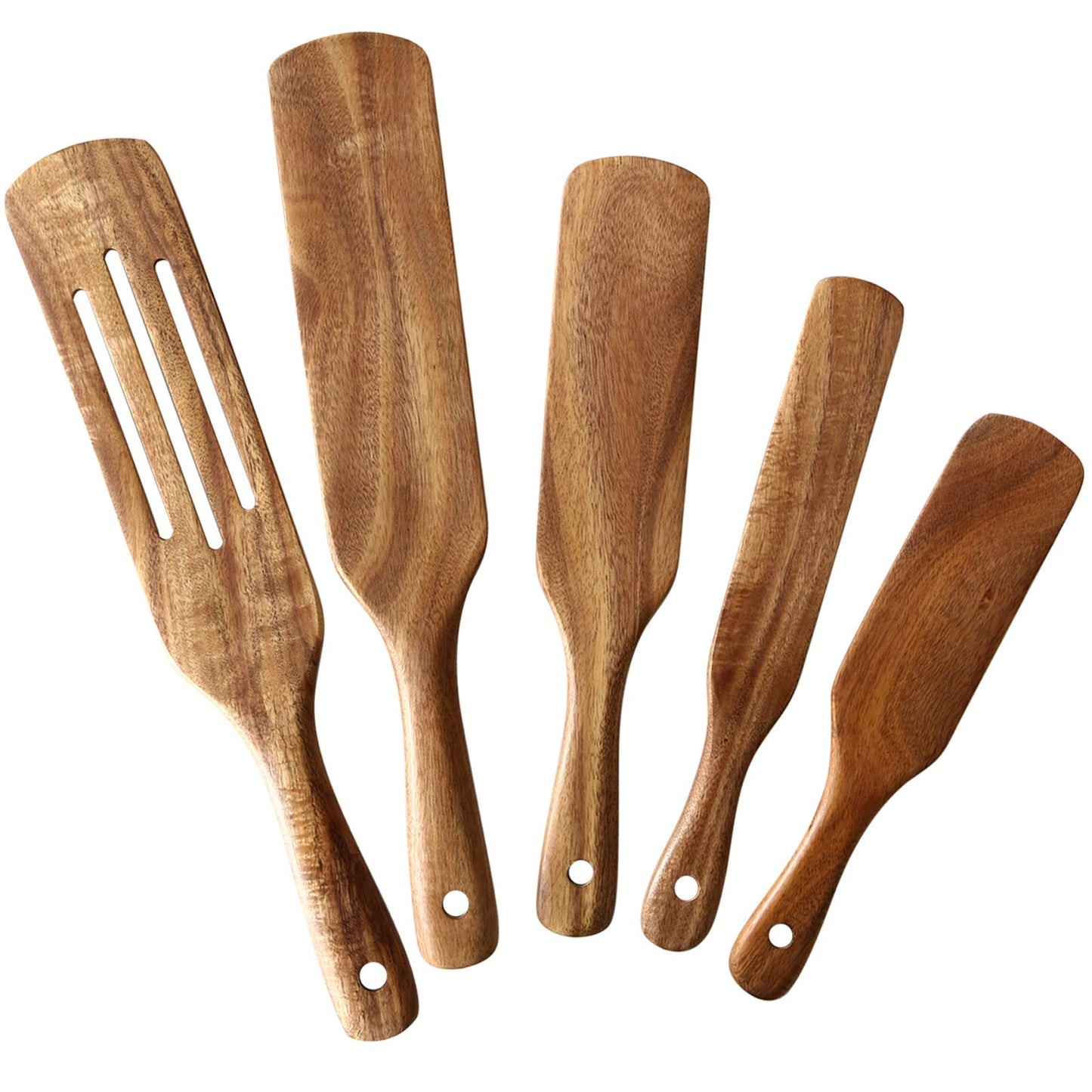 Wooden Spurtle Set, NAYAHOSE 5 Pcs Natural Teak Kitchen Utensil Set Heat Resistant Non Stick Wood Cookware with Hanging Hole, Slotted Spurtle Spatula Sets for Stirring, Mixing, Serving