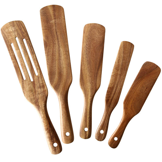 Wooden Spurtle Set, NAYAHOSE 5 Pcs Natural Teak Kitchen Utensil Set Heat Resistant Non Stick Wood Cookware with Hanging Hole, Slotted Spurtle Spatula Sets for Stirring, Mixing, Serving