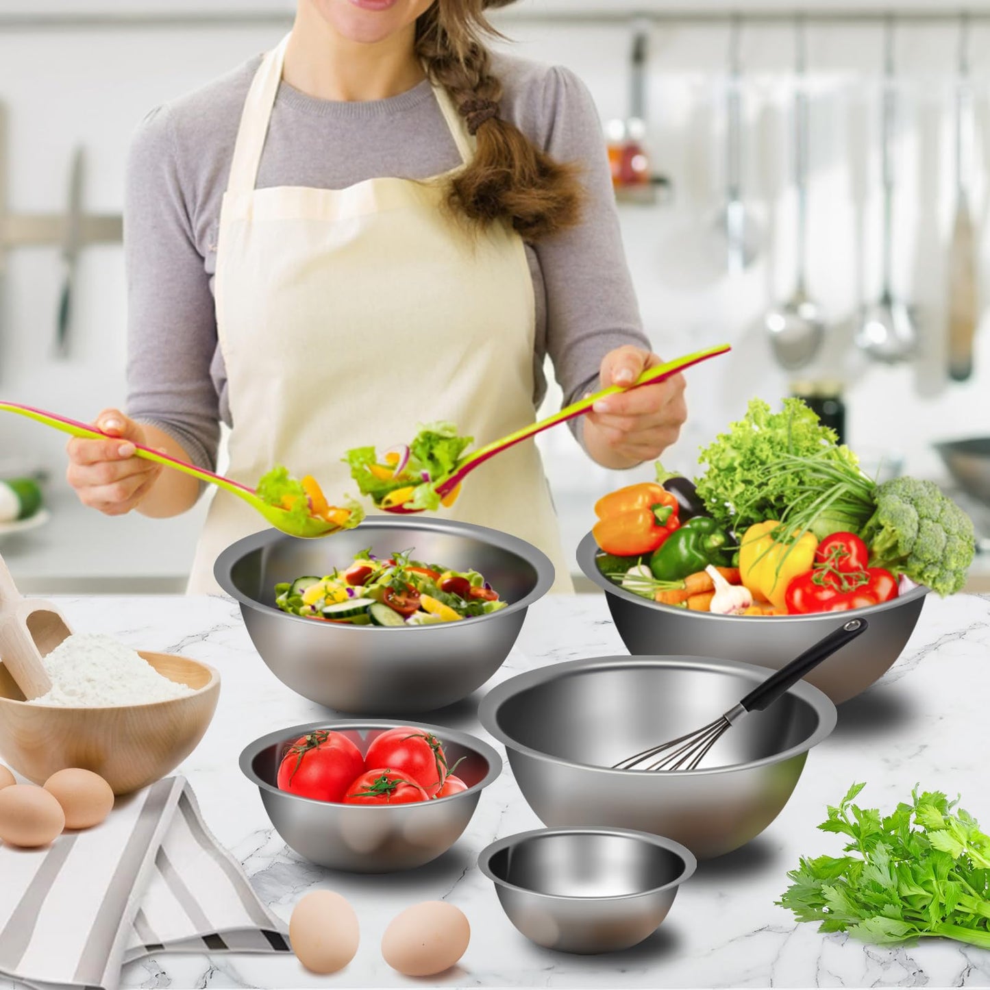 YGFRSTO Mixing Bowl Set of 5, Stainless Steel Mixing Bowls, Nesting Whisking Bowl Set for Cooking, Baking, Serving, Food/Salad Prep