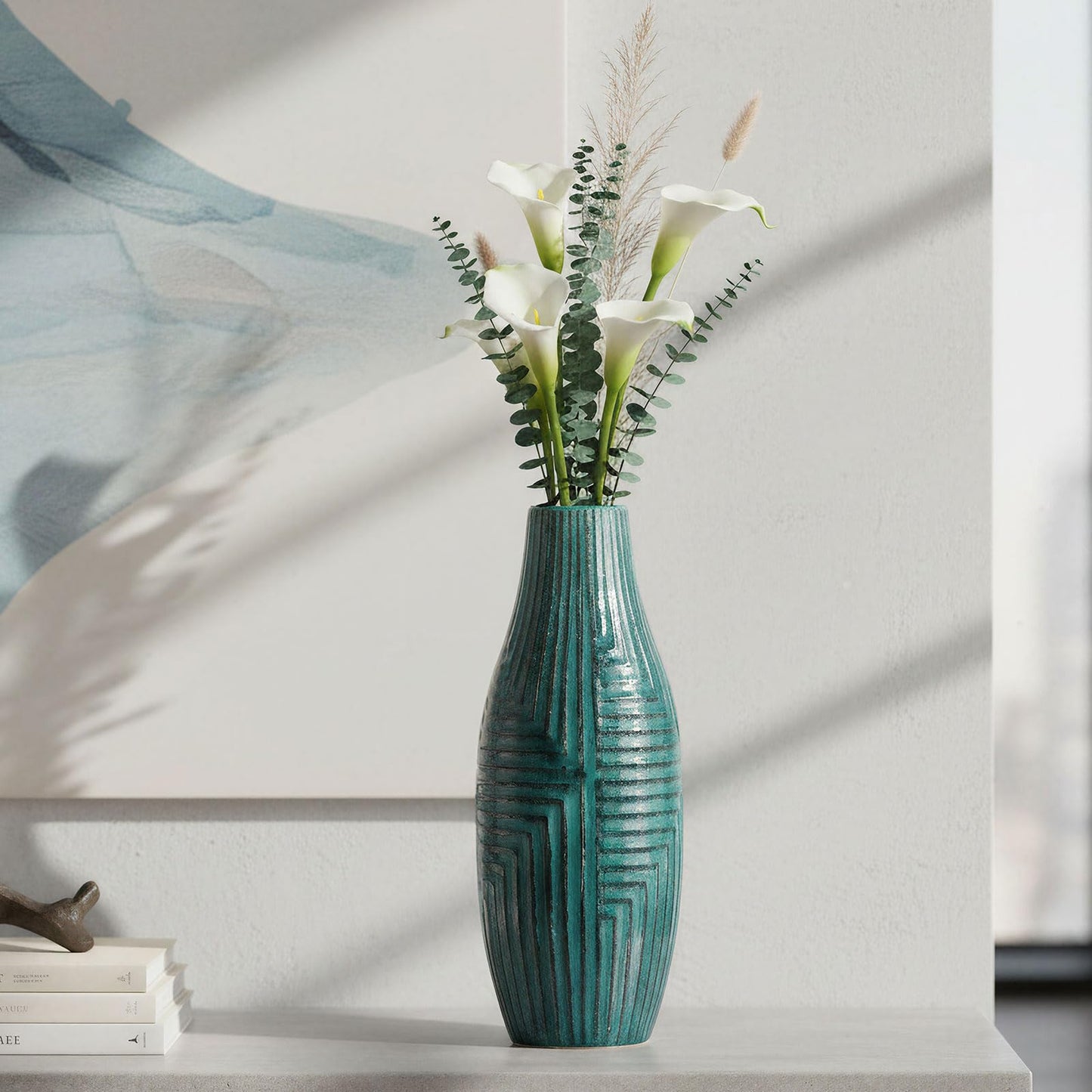 hjn Teal Hand-Glazed Ceramic Vase - 13.8" H Modern Decorative Centerpiece Vase for Fresh/Dried Flowers, Home Decor for Living Room Bookshelf Mantel | Wedding Housewarming Gift
