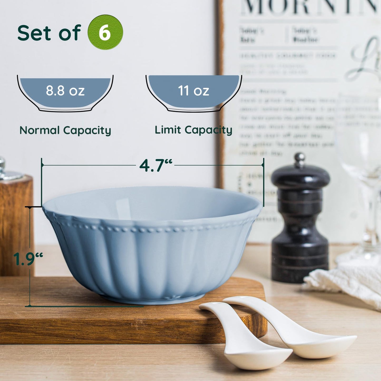 HOMBENE Blue Porcelain Fruit Bowls, 4.7 Inch Serving Bowls,Ice Cream Bowl, Kitchen Bowl Set, Microwave and Dishwasher Safe, Set of 6