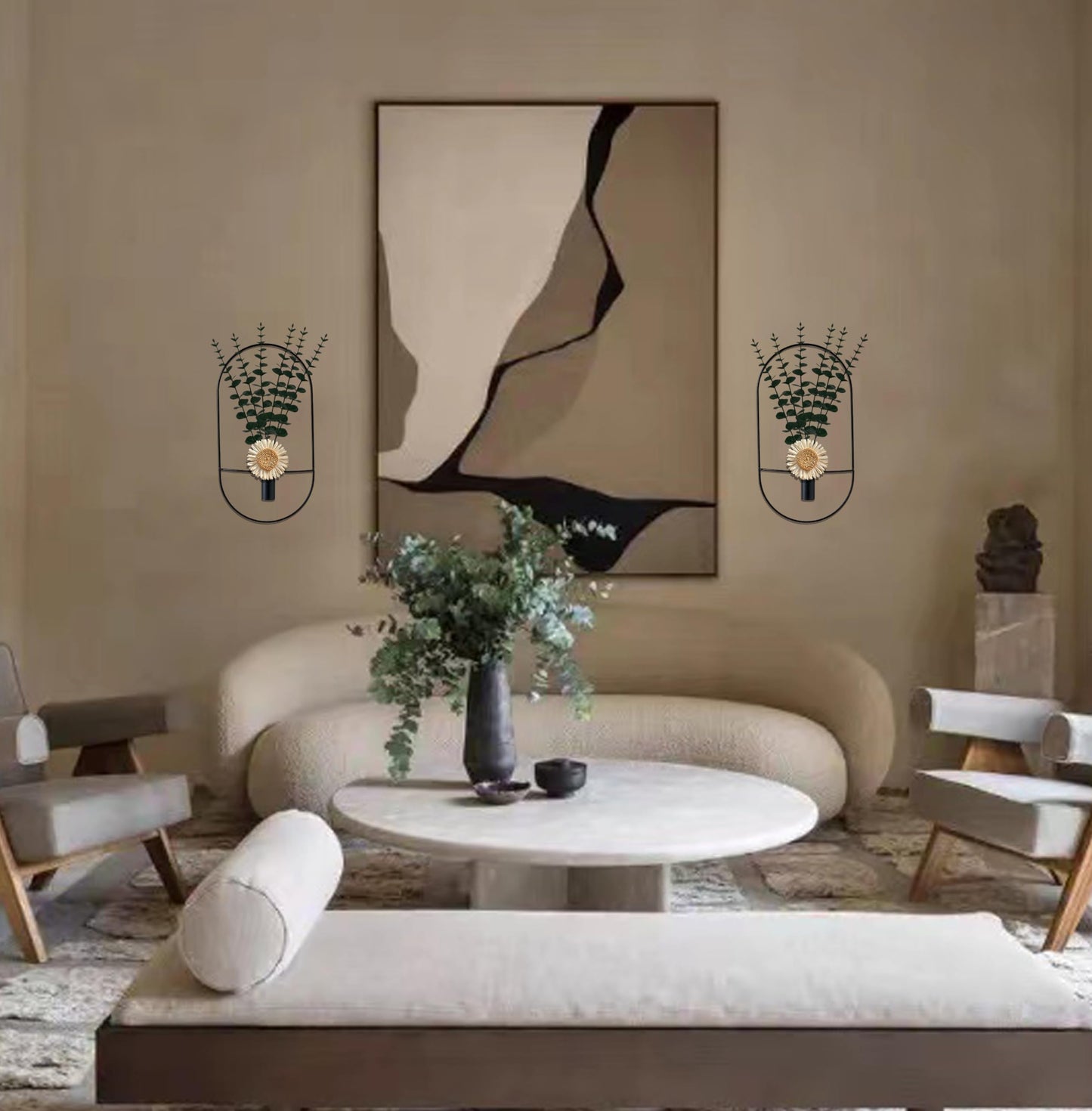 2 Pack Black Metal Wall Hanging Vase with Artificial Plants, Metal Plants Decor for Living Room, Bedroom, Bathroom, Dining Room, Fake Faux Plant Display