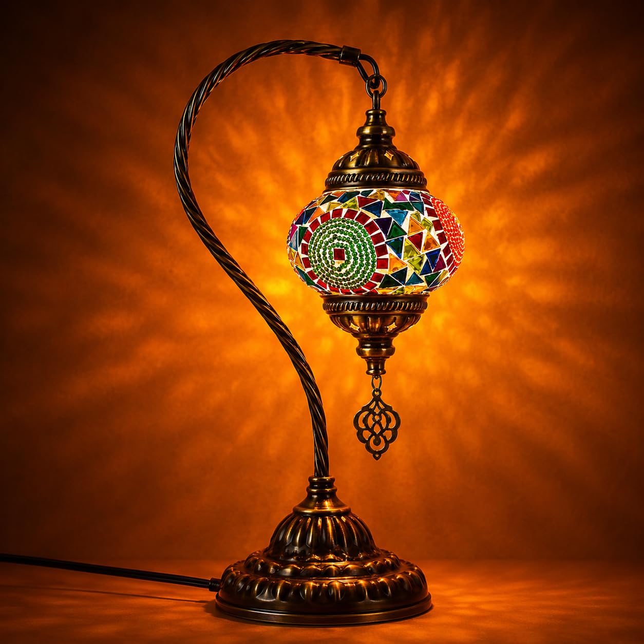 Buhem Light Turkish Mosaic Lamp Tiffany Style Handmade Swan Neck Table Lamp, Made in Turkey, Antique Bronze Glass Bedside Lamp, Boho Home Decor Gift