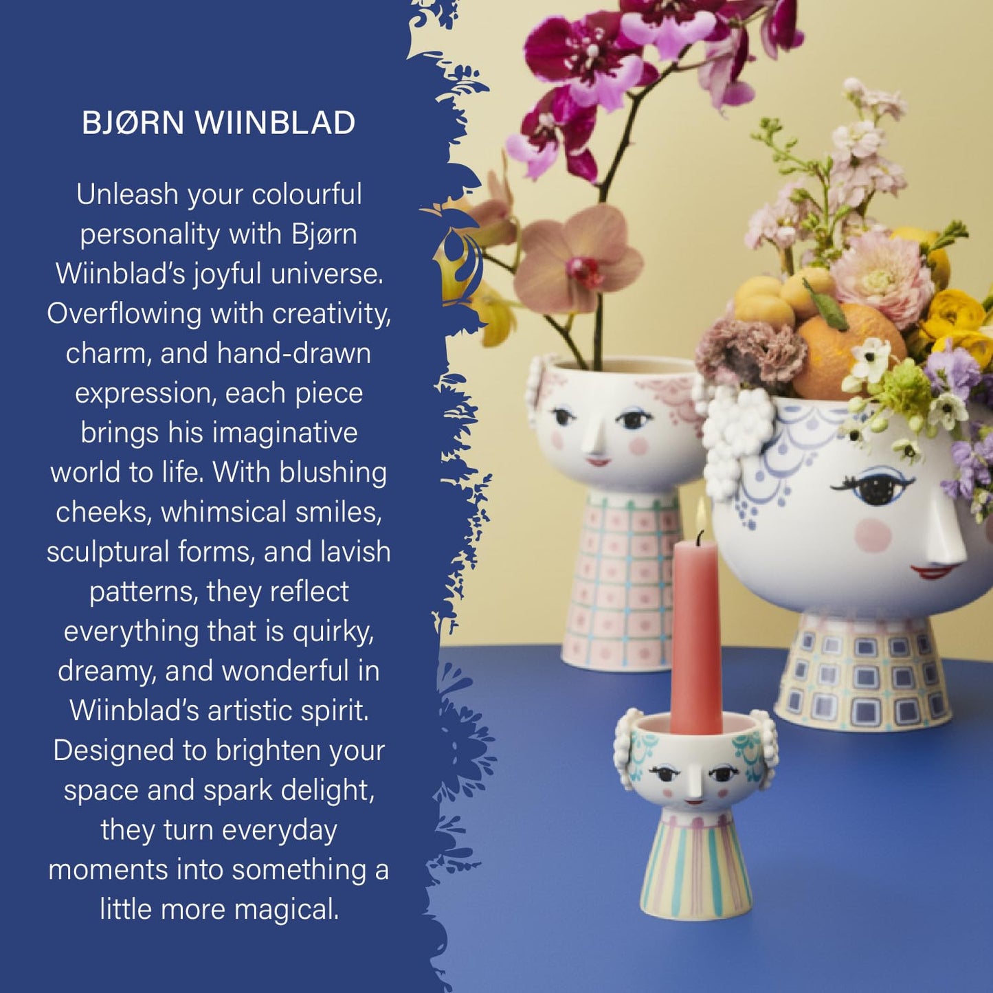 Bjørn Wiinblad Eva Vase | Hand-Painted Glazed Porcelain | Blue Yellow | 7.3 in