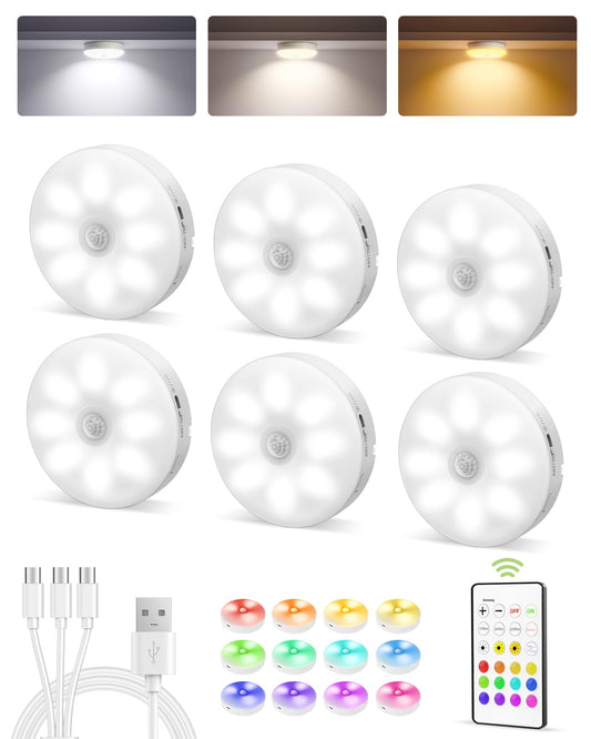 EZVALO 6-Pack Under Cabinet Lighting, Rechargeable Motion Sensor Puck Light with Remote, 3 Color Temps & 12 RGB Colors, Magnetic Stick on Light, Dimmable Under Counter Light for Kitchen, Home Decor