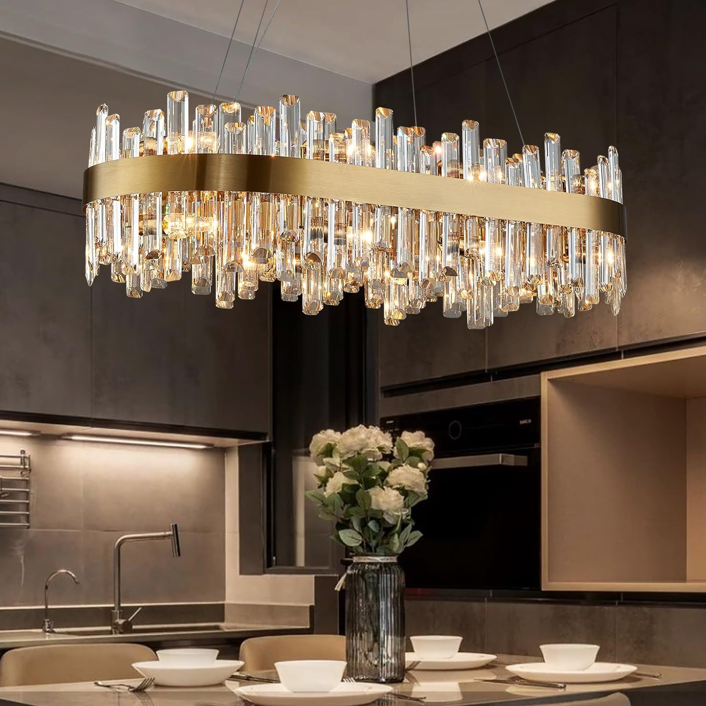 Siljoy Rectangle Gold Crystal Chandelier, 16-Light Modern Dimmable K9 Crystal Raindrop Chandelier, Adjustable Height Oval Crystal Pendant Ceiling Light for Living Dining Room Kitchen L35.4''