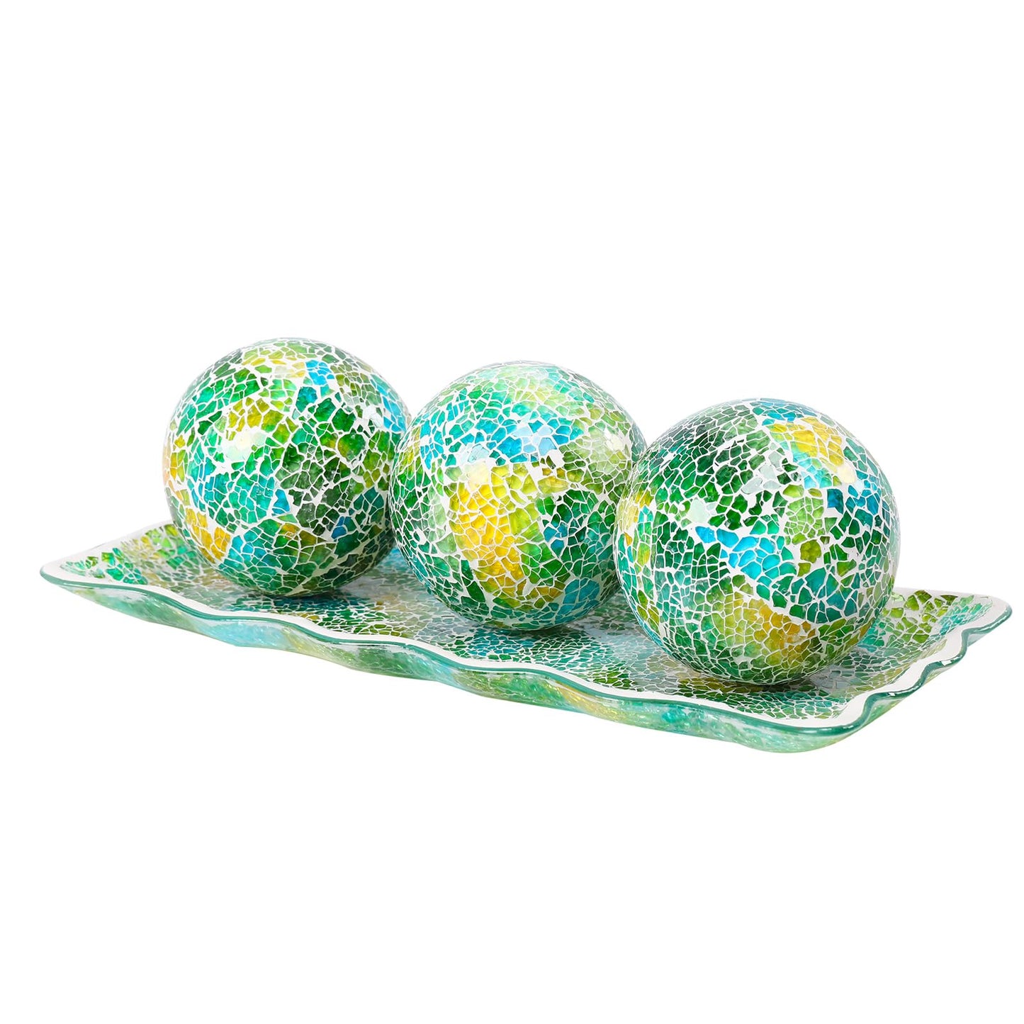 VCUTEKA Decorative Balls and Glass Bowl, 4 Inch Mosaic Sphere Balls Centerpiece Balls for Coffee Table, Home Decor, Wedding Party Decor, Green