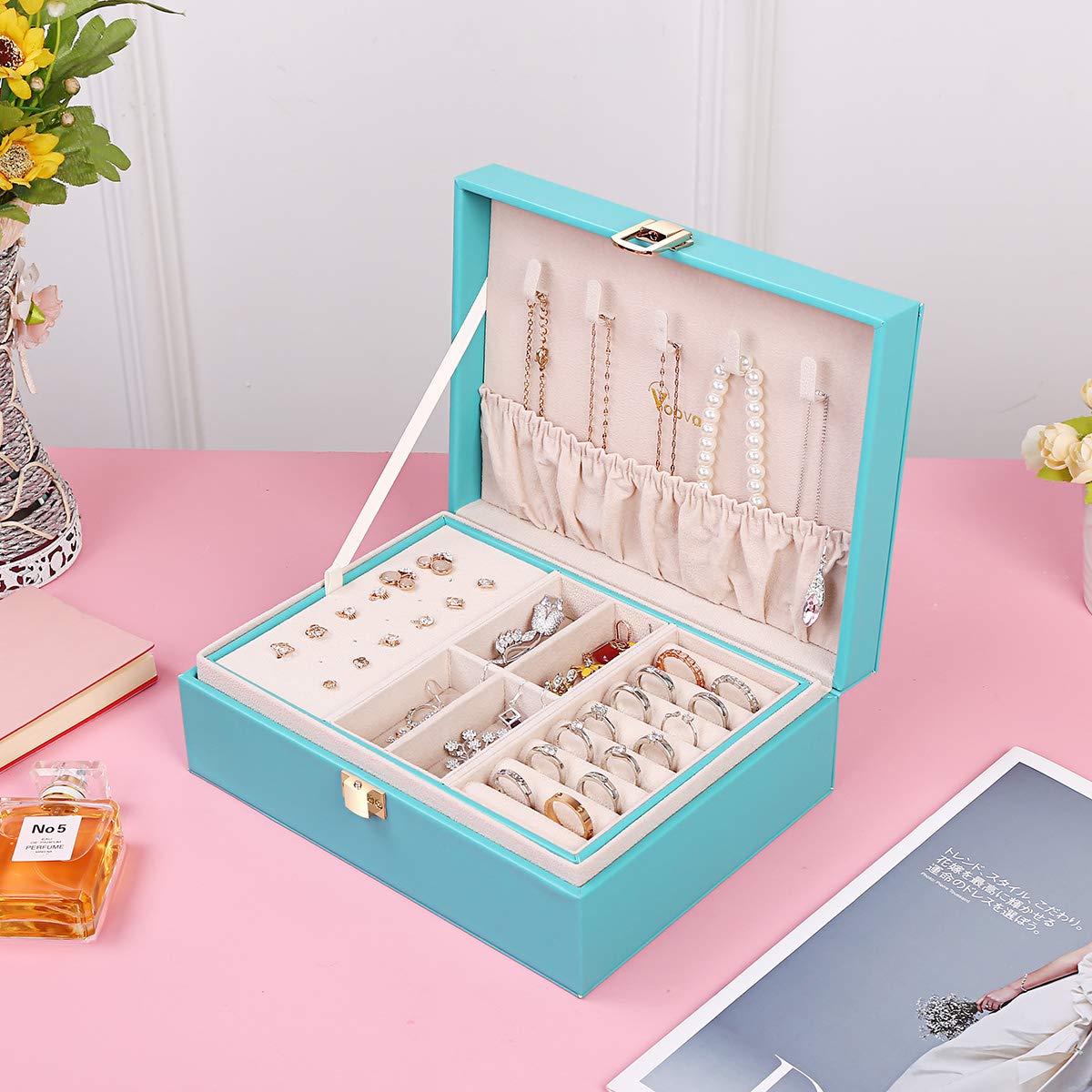 Voova Jewelry Box Organizer for Women Girls, 2 Layer Large Men Jewelry Storage Case, PU Leather Display Jewellery Holder with Removable Tray for Necklace Earrings Rings Bracelets, Gift, Teal/Lake Blue
