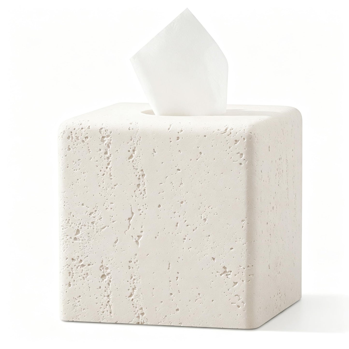 Haocoott Tissue Box Cover Square, Resin Facial Tissue Holder Covers Toilet Paper Holder Decorative Travertine Paper Dispenser Home Decor for Bathroom Bedroom Living Room Office (Off White)