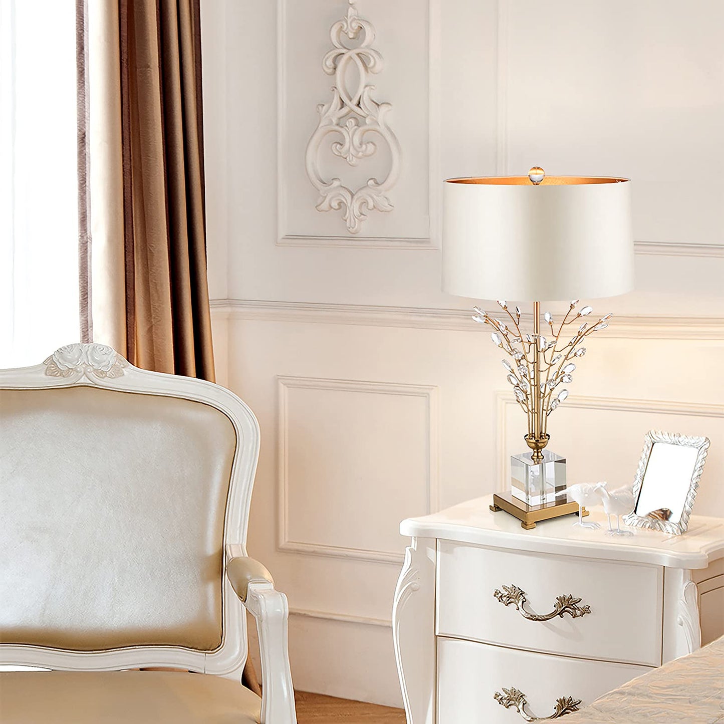 Gold Crystal Table Lamp White Glass Table Lamp with Fabric Lampshade and Crystal Lamp Body Lamp Unique Crystal Table Lamps for Bedroom Living Room Dining Room Bedside
