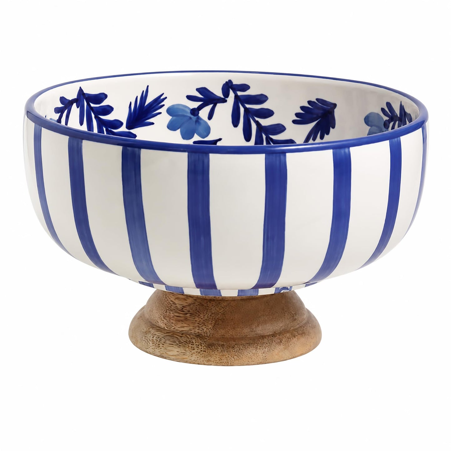 Mud Pie Blue Ceramic and Wood Pedestal Bowl