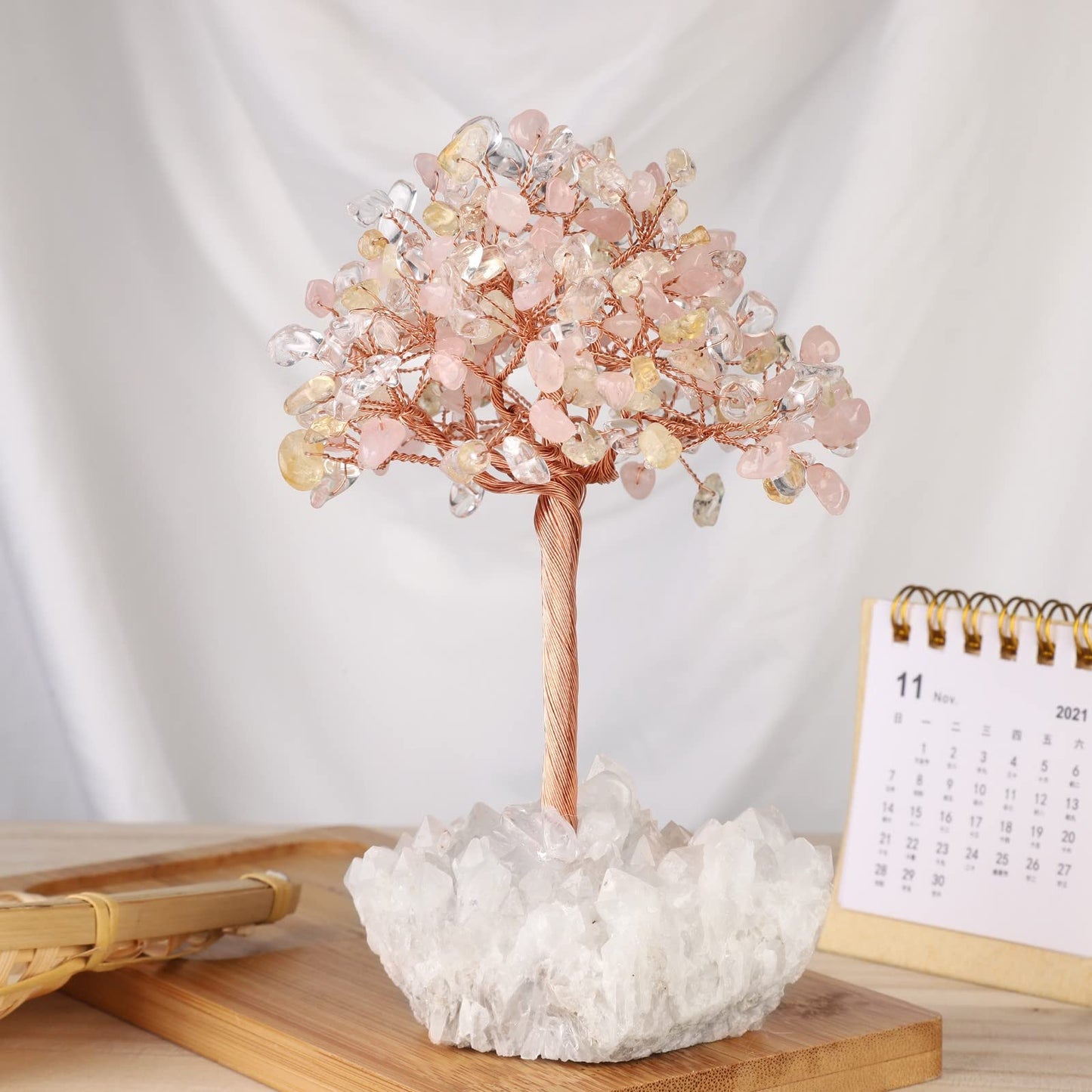 mookaitedecor Natural Rose Quartz & Citrine & Rock Quartz Crystal Money Tree with Rock Quartz Cluster Base, Healing Crystal Feng Shui Tree for Table Display Home Decoration