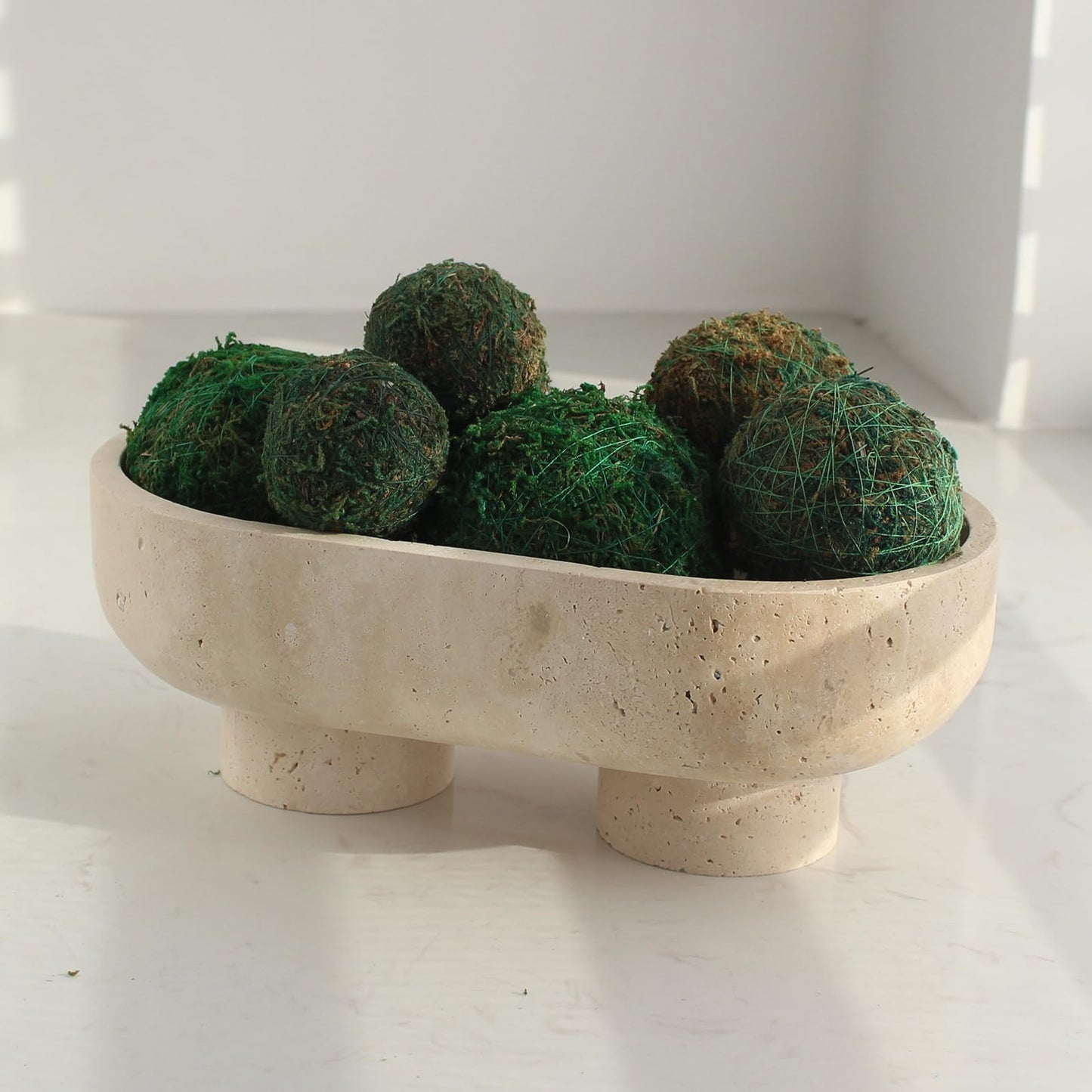 Natural Oval Travertine Fruit Bowl for Kitchen Counter 10", Large Decorative Bowl Two-Legs for Home Decor, Fruits Holder For Dining Table - Kitchen Organization