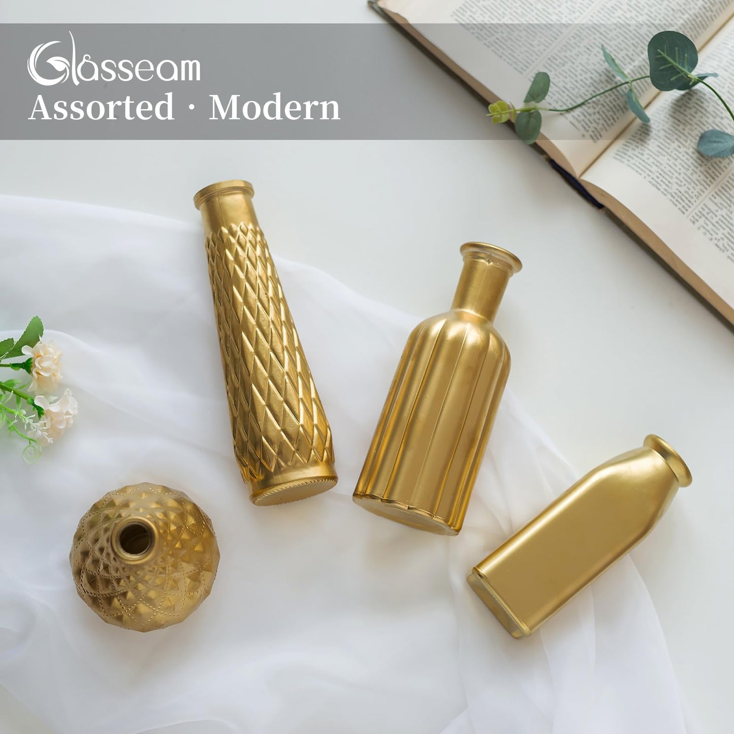 Glasseam Gold Glass Vase, 8pcs Cylindrical Home Decor, Antique Art Deco Style, Holds Water, Gold Electroplating Finish, Living Room Kitchen Bathroom Bedroom Decor, Table Centerpieces