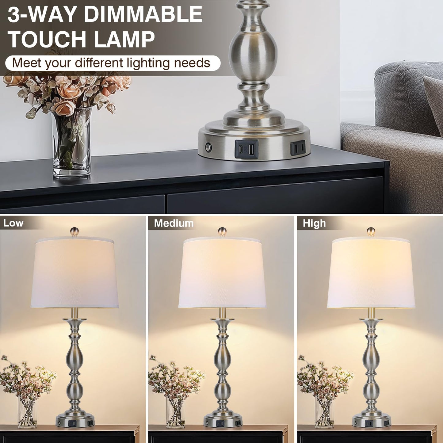 MOUVOVO 28" Tall Modern Table Lamps Set of 2 with USB A+C Ports and AC Outlet, 3 Way Touch Metal Bedside Lamps for Bedroom, Silver Farmhouse Nightstand Lamps for Living Room