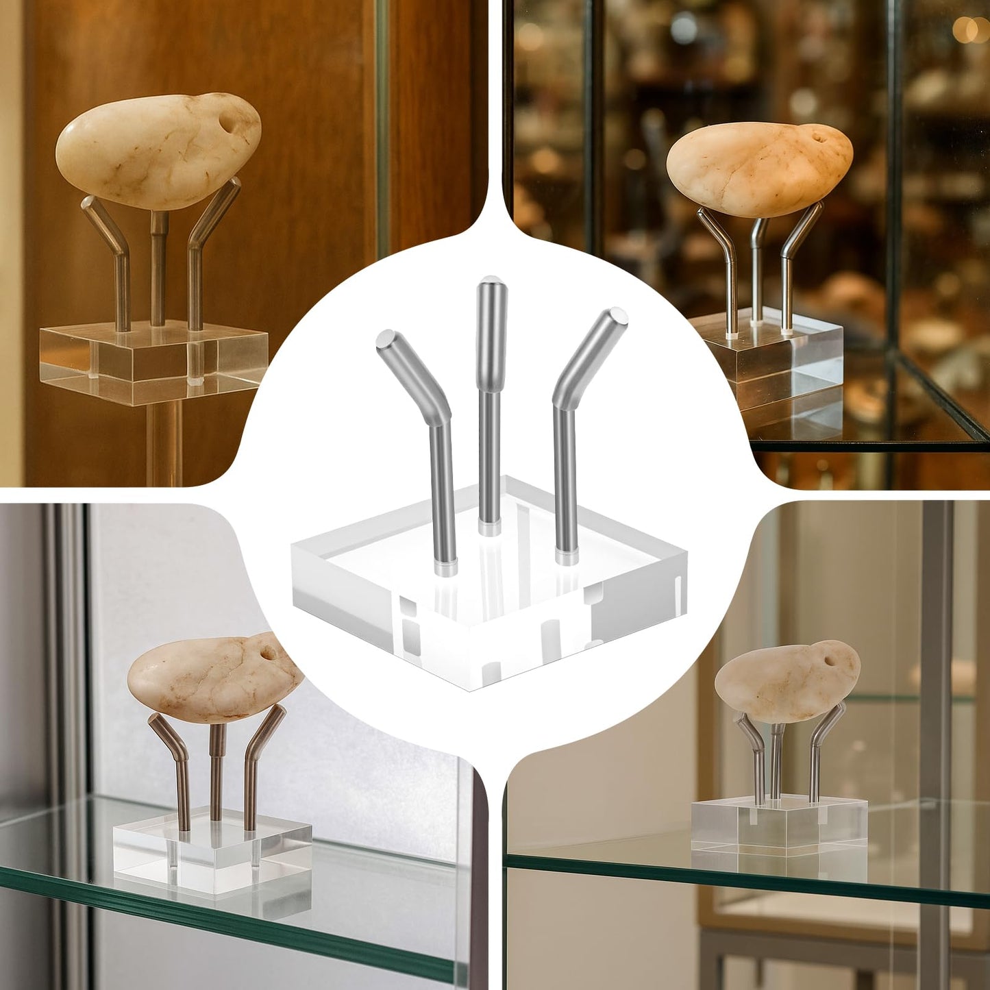 AojSup 8 Pack Clear Acrylic Display Stand, Metal 3 Peg Rock Display Easel Stands 3 Peg Displays Stand for Fossil Coral Crystal Geodes Rock Mineral Agate Small Collectibles Acrylic Holder