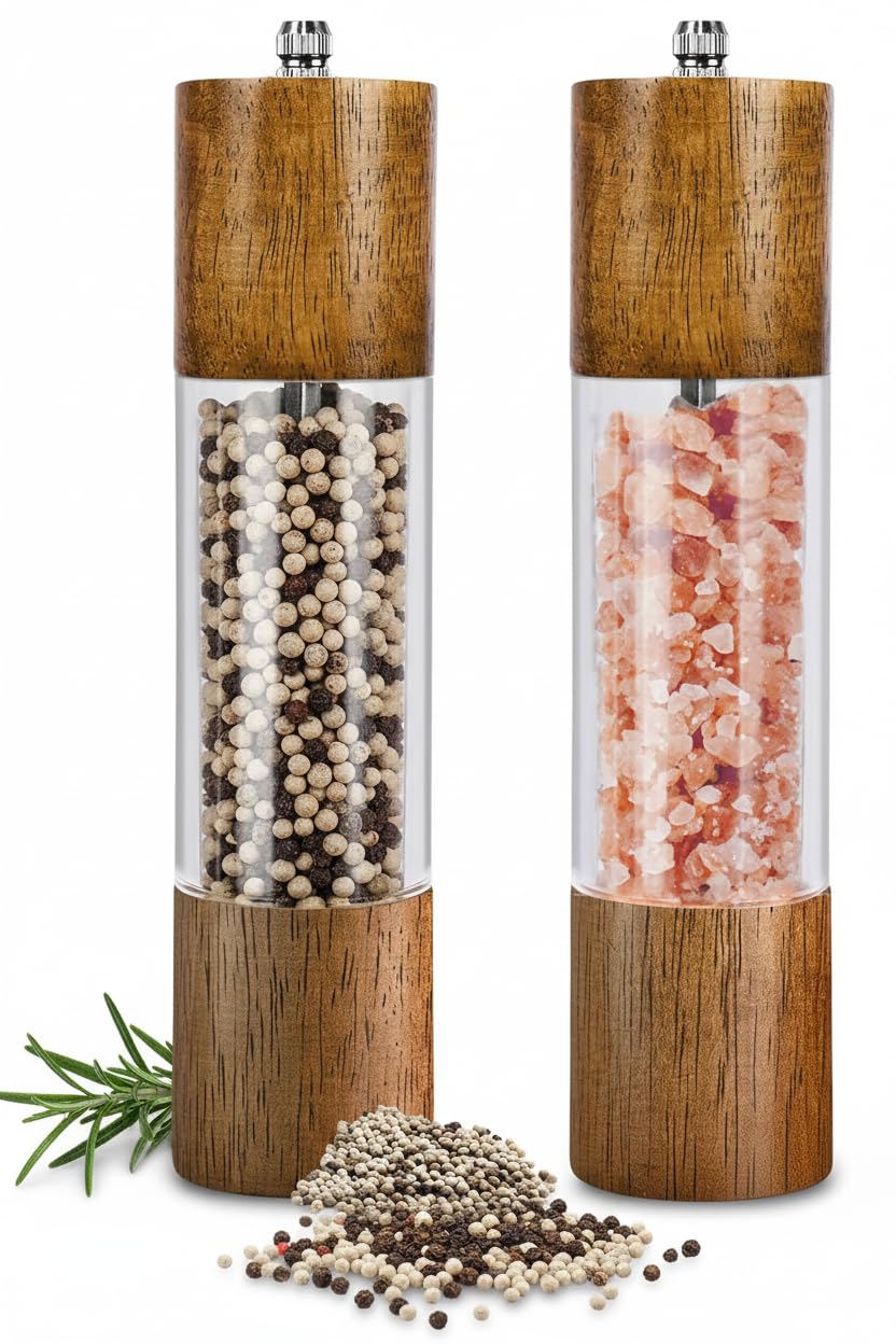 Premium Acrylic Salt and Pepper Grinder Set - Wooden Body with Adjustable Ceramic Wristband - Manual Salt and Pepper Grinder - 8 Inch - 2 Pieces