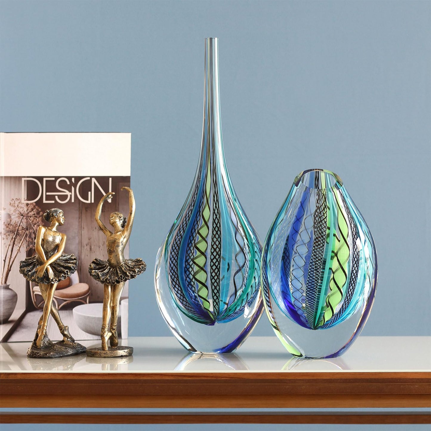 Ca D Oro Drop Glass Vase Boho with Blue/Green Canes Hand Blown Murano-Style Art Glass - Model Tall