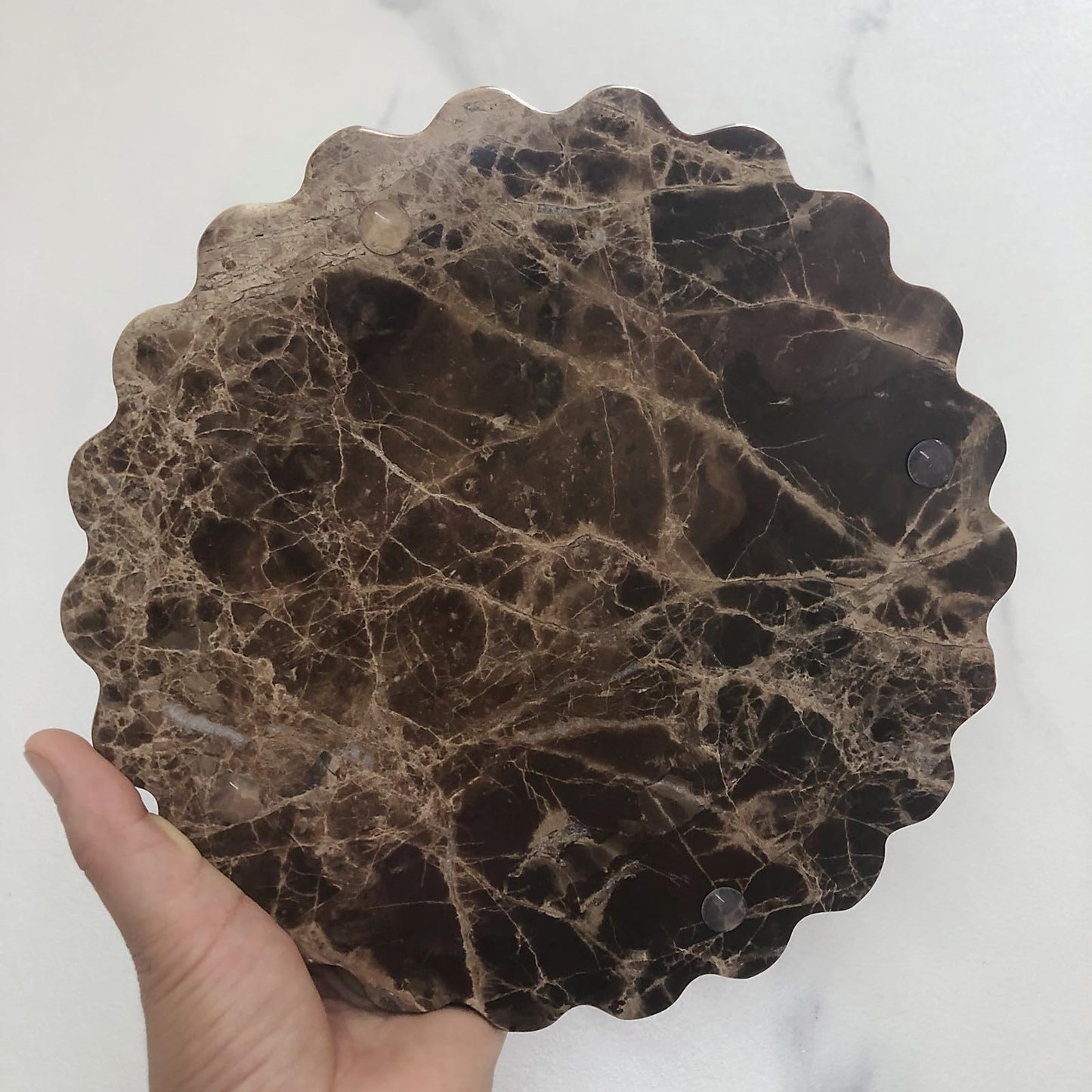 SAIDKOCC Marble Tray Round Scalloped Tray Small Serving Platter for Counter, Bathroom, Kitchen, Nightstand, Jewelry Ring Dish Holder (Coffee Net)