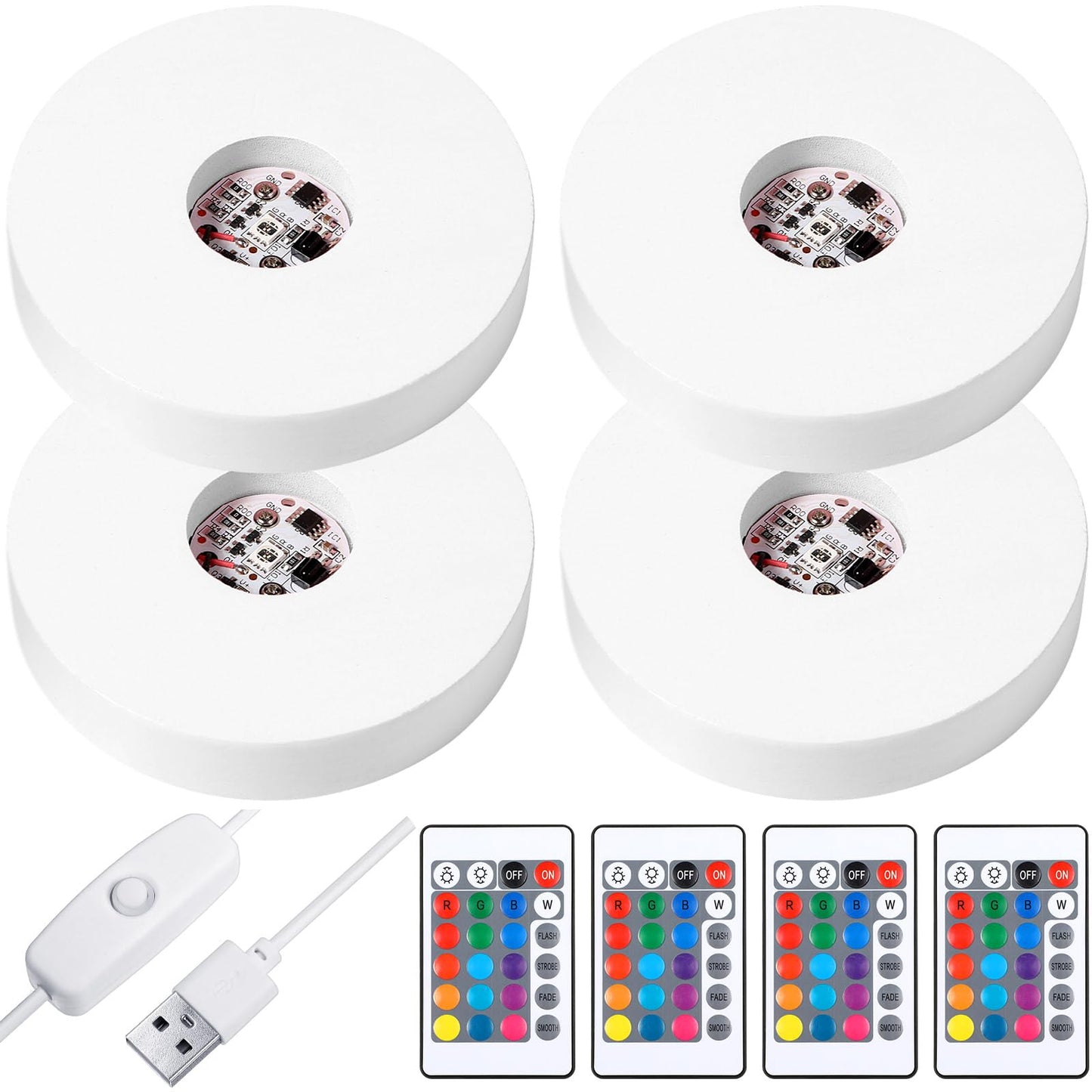 Riakrum 4 Pieces Wood LED Display Light Base Crystal Display Base Stand Remote Control Round 16 Lighting Modes Wooden Lighted Holder Colorful Pedestal for Crystal Glass Resin Ball(White)