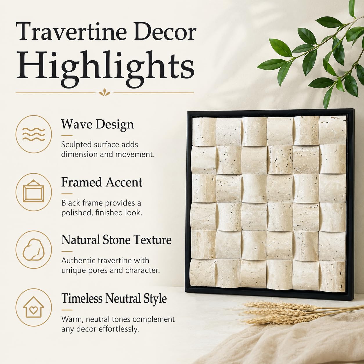 SIRIZEN-DIVING 3D Decorative Travertine Wall Art, Natural Stone Mosaic,Black Frame, Marble Decor, Marble Painting (Beige)