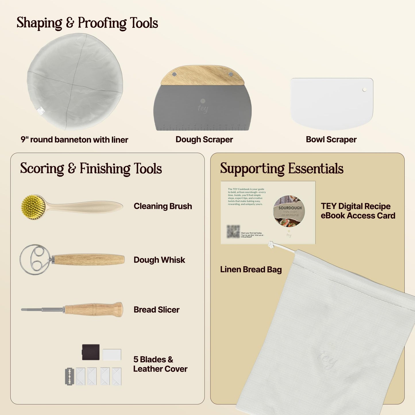 TEY 9'' Banneton Bread Proofing Basket Set – Natural Rattan Banneton with Linen Liner, Baking Tools & Accessories, Digital Recipe eBook, Artisan Sourdough Starter Kit, Homemade Bread Baking Gift Set