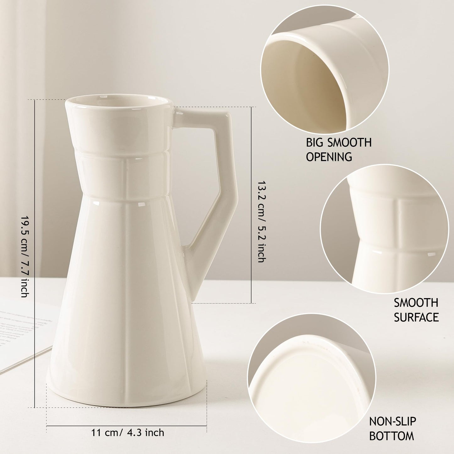 BosilunLife White Ceramic Vase with Handle, 7.87 Inch Tall Decorative Flower Vase for Bouquets, Glazed Farmhouse Vase for Living Room, Dining Table, Entryway and Shelf Decor