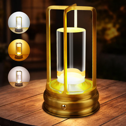 MeRGBWLife Cordless Table Lamp - Rechargeable LED Lamp with 2000mAh Battery, 3 Color Stepless Dimming & Touch Control, Portable Lamp for Indoor Outdoor, Bedroom, Restaurant, Bar, Patio, Camping, Gold