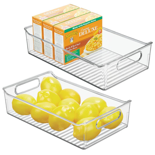 mDesign Plastic Kitchen or Pantry Storage Bins with Handles - Organization in Cabinet, Fridge or Freezer - Fruit Container for Refrigerator or Food Organizer for Pasta, Ligne Collection, 2 Pack, Clear