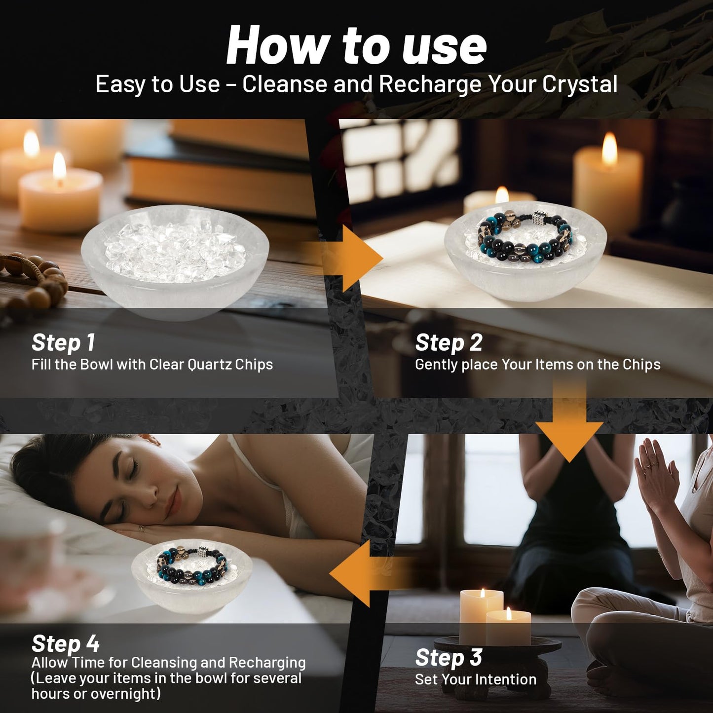 Orientrea 4" Selenite Crystal Bowl with 100g Clear Quartz Chips- Selenite Charging Bowl for Energy Cleansing, Charging, Meditation, Home Decor & Crystal Healing