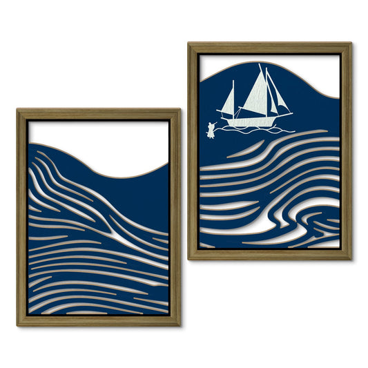 Putuo Decor Abstract Wall Art, Set of 2 Blue Ocean Wave Modern Wall Art for Living Room, Minimalist Nautical Wall Decor for Home or Office 16x8 In