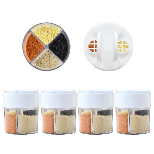 4-Pack 4 in 1 Salt and Pepper Shaker Jars Bottles, 4-Grid Flip Lid Spice Jars - Cylindrical Empty Plastic Seasoning Containers with Transparent Body for Travel Camping BBQ Kitchen Cooking (White)