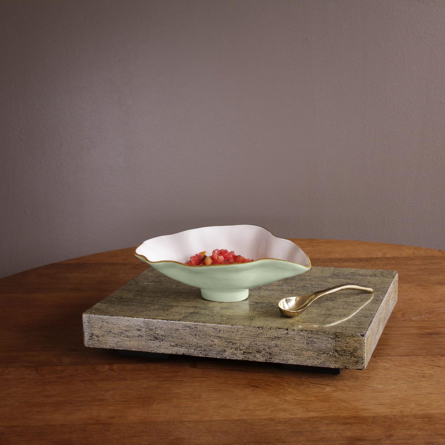 Beatriz Ball ENCANTO Claire Small Oval Bowl with Spoon (Pistachio, White and Gold)