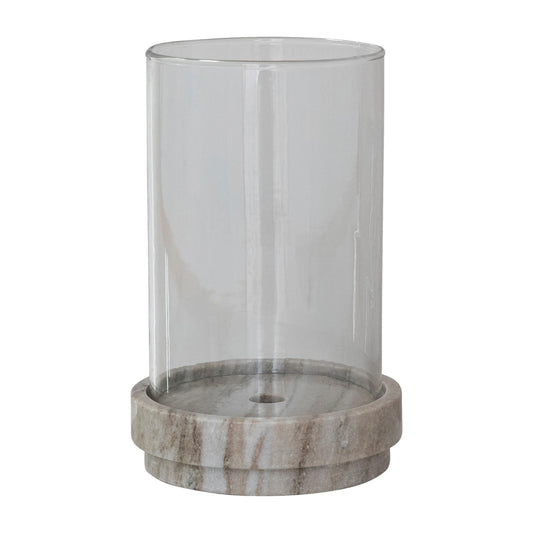 Creative Co-Op Round Marble Taper/Pillar Candle Holder with Glass Hurricane, Beige Finish