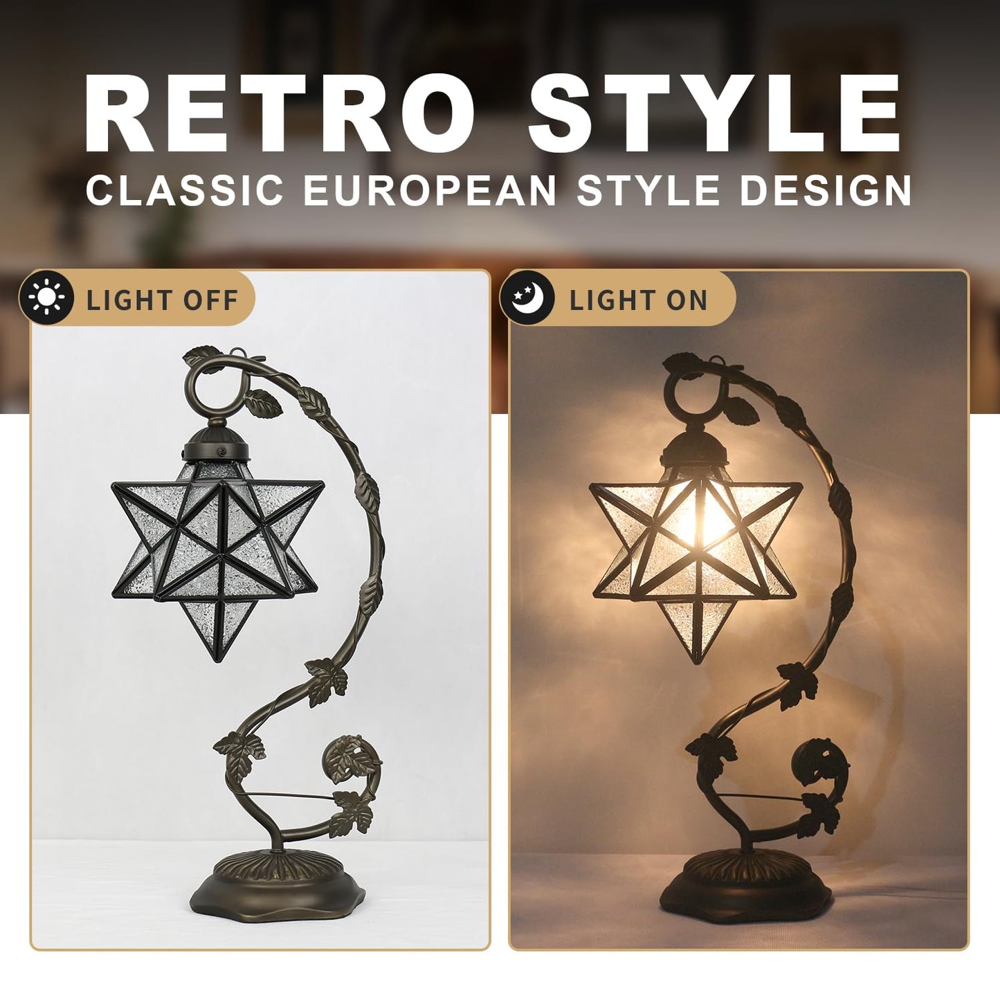 Star Glass Table Lamp, Vintage Style Table Lamp, 8x10x20 Inch – Bronze Metal Leaf Base Tiffany Lamp for Bedroom,Living Room,Study