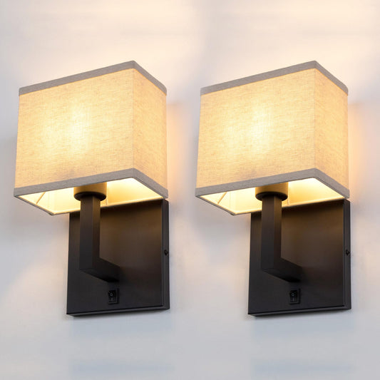 Yosoan Set of 2 Linen Boho Fabric Wall Sconce with On Off Switch, Vanity Retro Hardwired Indoor Vintage Industrial Wall Mount Lamp Fixture Lighting for Bedside Living Room Stairwell Hallway(Black)