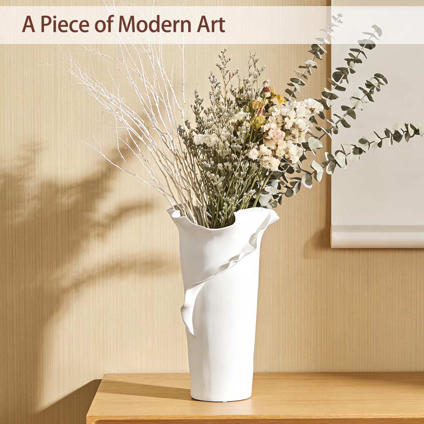 Abstract Irregular Ceramic Vase, White Irregular Pottery Vase, Handmade Decorative Minimalist Flower Vases for Modern Home, Tabletop, Shelf & Office