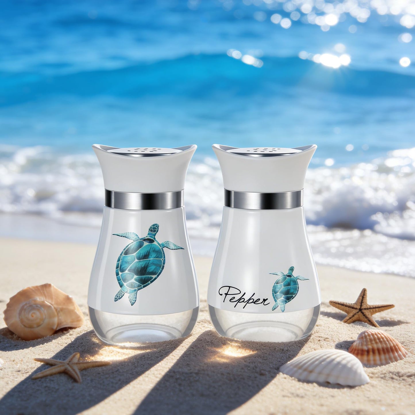 Bokon 2 Pack Sea Turtle Salt and Pepper Shakers Set, Stainless Steel Containers with Glass Bottom for Kitchen Accessories, Home Decorations, Cooking, BBQ, Camp, Beach, Bar, Coastal Theme Gift Idea