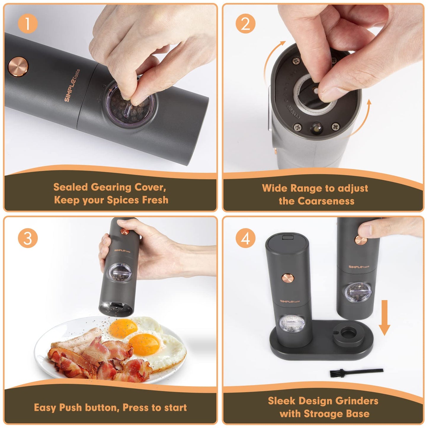 SIMPLETASTE Electric Salt and Pepper Grinder Set with LED Light, Automatic Pepper Mill Shakers with Adjustable Coarseness, One Hand Operation for Kitchen, Dining, Gifting, Space Gray, Battery Operated
