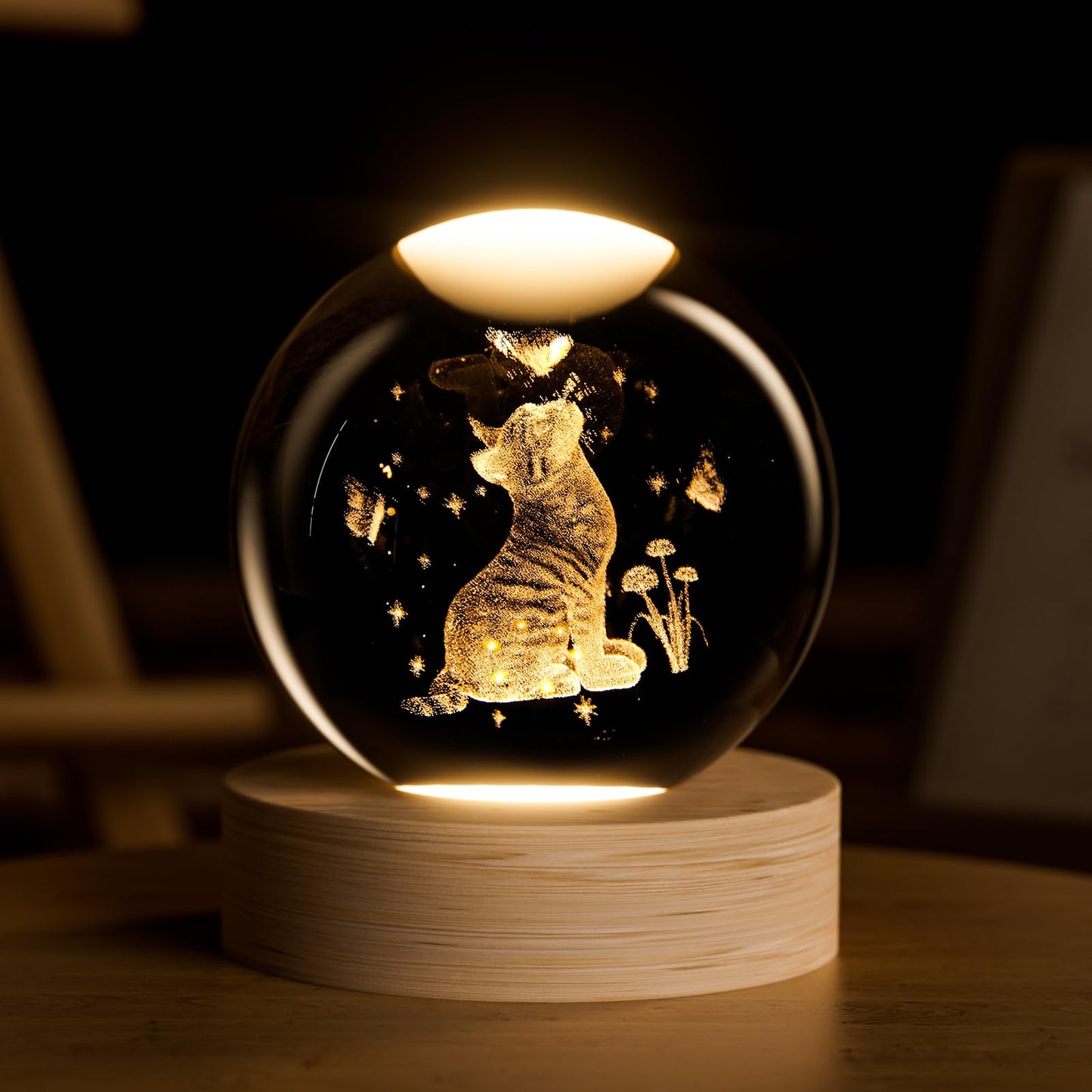 3D Cats Butterfly Crystal Ball, 3D Laser Engraved Decorative Flowers Crystal Ball Glass Sphere Home Decor Gifts Light for Mom Women Girls Cat Lovers, Presents Decor Crystal Sphere Memorial Gifts